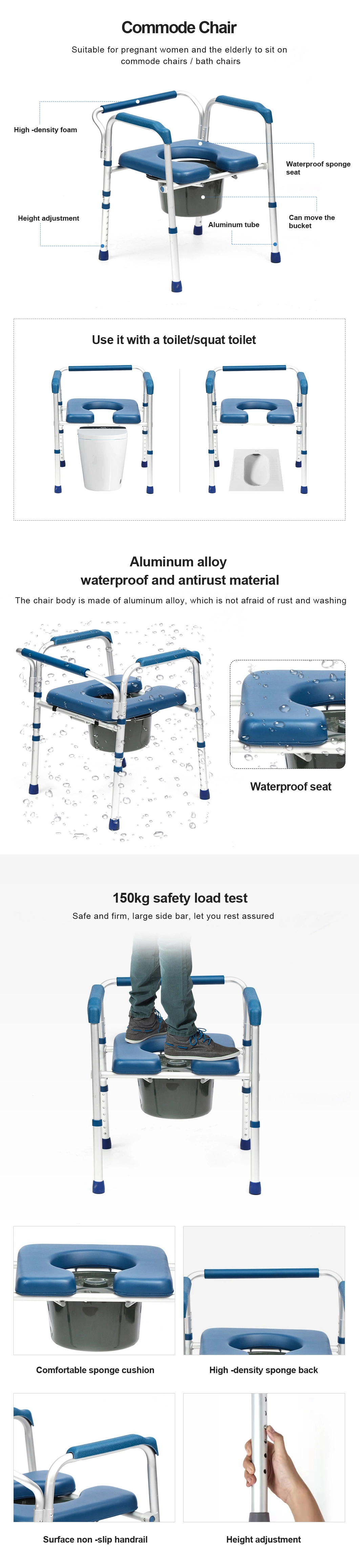 Medical Equipment European Large Seat Heavy Duty Elderly Aluminium Foldable Commode Chair